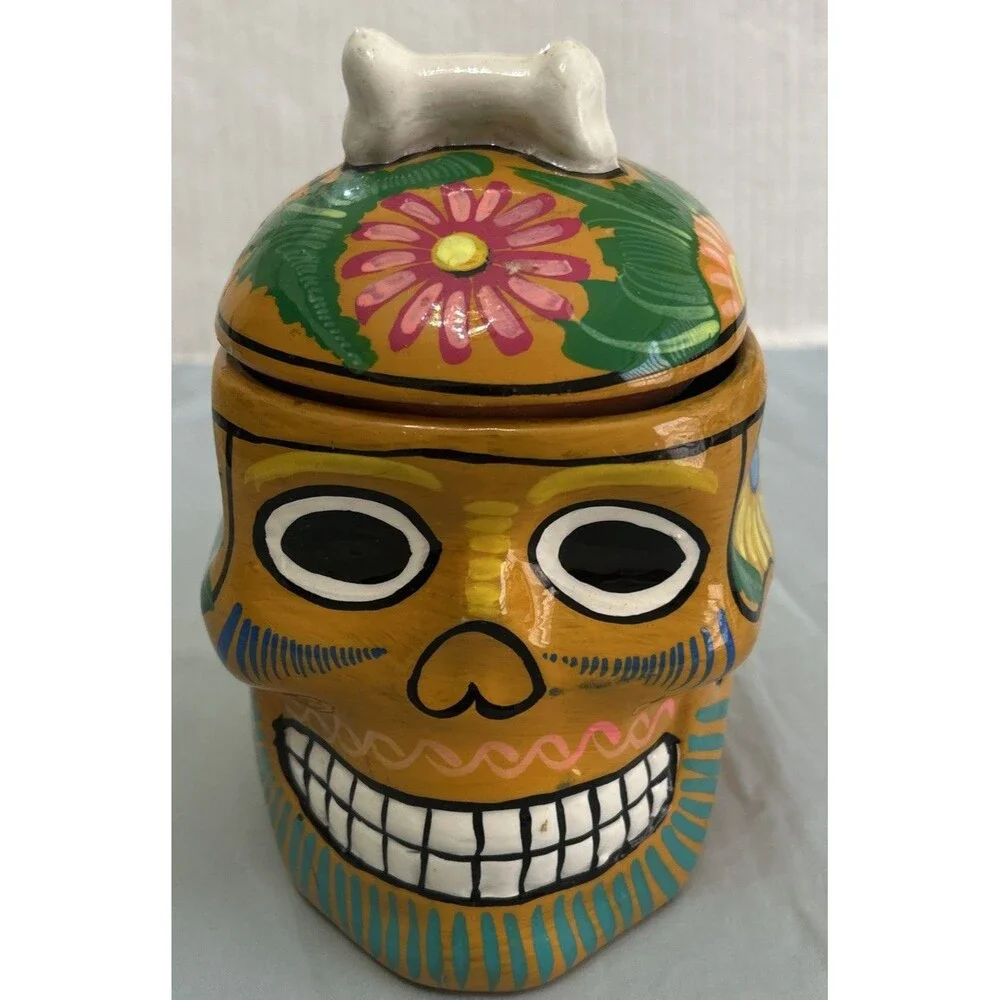 Sugar Skull Jar, Trinket Box With Lid Day of the Dead Mexico Light Orange